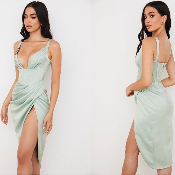 NWOT House of CB ‘Faye’ Pistachio green Corset Satin Corset Dress sz XS - Picture 3 of 9